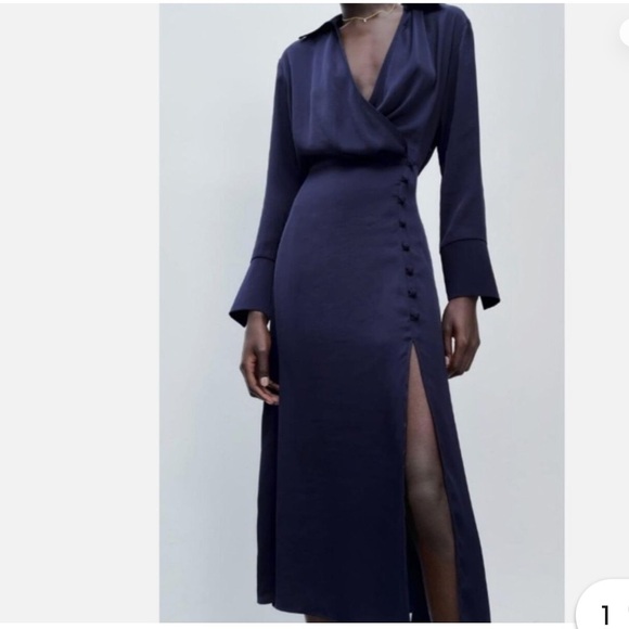 Zara Dresses & Skirts - Zara Navy Satin Midi Faux Wrap Dress Button Slit Long Sleeve Navy Blue small